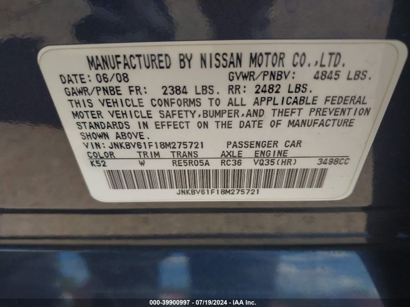 2008 Infiniti G35X VIN: JNKBV61F18M275721 Lot: 39900997