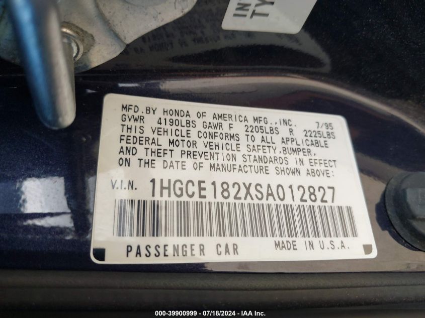1995 Honda Accord Lx VIN: 1HGCE182XSA012827 Lot: 39900999
