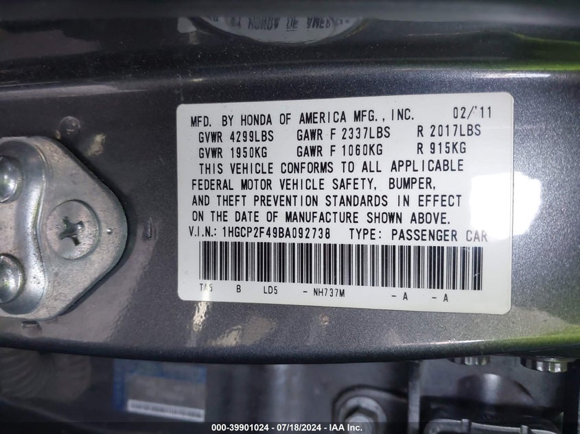 2011 Honda Accord 2.4 Lx-P VIN: 1HGCP2F49BA092738 Lot: 39901024