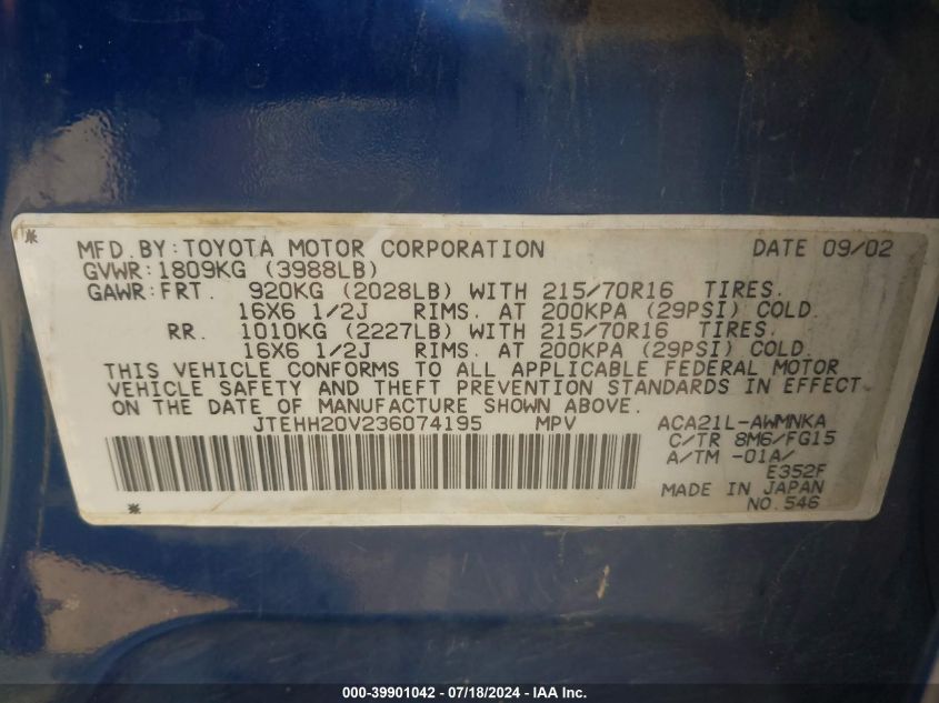 2003 Toyota Rav4 VIN: JTEHH20V236074195 Lot: 39901042