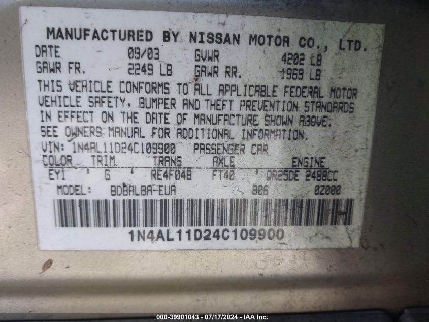 2004 Nissan Altima 2.5 S VIN: 1N4AL11D24C109900 Lot: 39901043