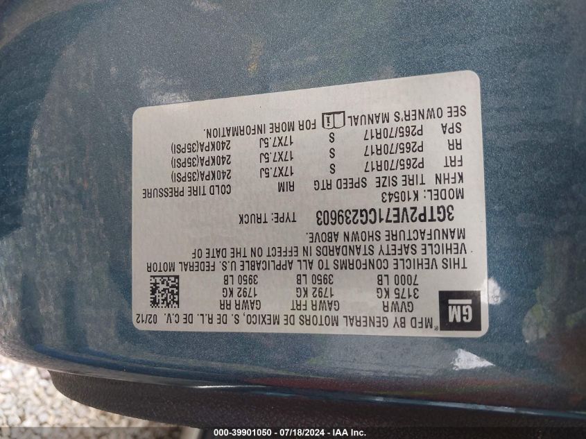 2012 GMC Sierra 1500 Sle VIN: 3GTP2VE71CG239603 Lot: 39901050