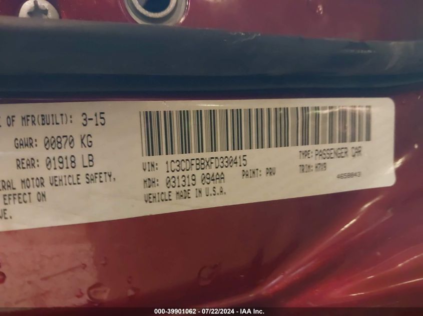 2015 Dodge Dart Sxt VIN: 1C3CDFBBXFD330415 Lot: 39901062