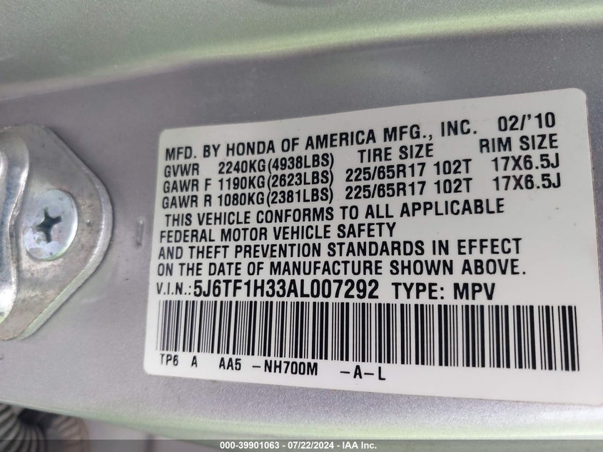 2010 Honda Accord Crosstour Ex VIN: 5J6TF1H33AL007292 Lot: 39901063