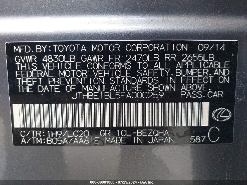 2015 Lexus Gs 350 VIN: JTHBE1BL5FA000259 Lot: 39901080