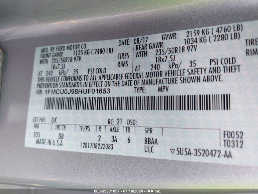 2017 Ford Escape Titanium VIN: 1FMCU0J98HUF01653 Lot: 39901097