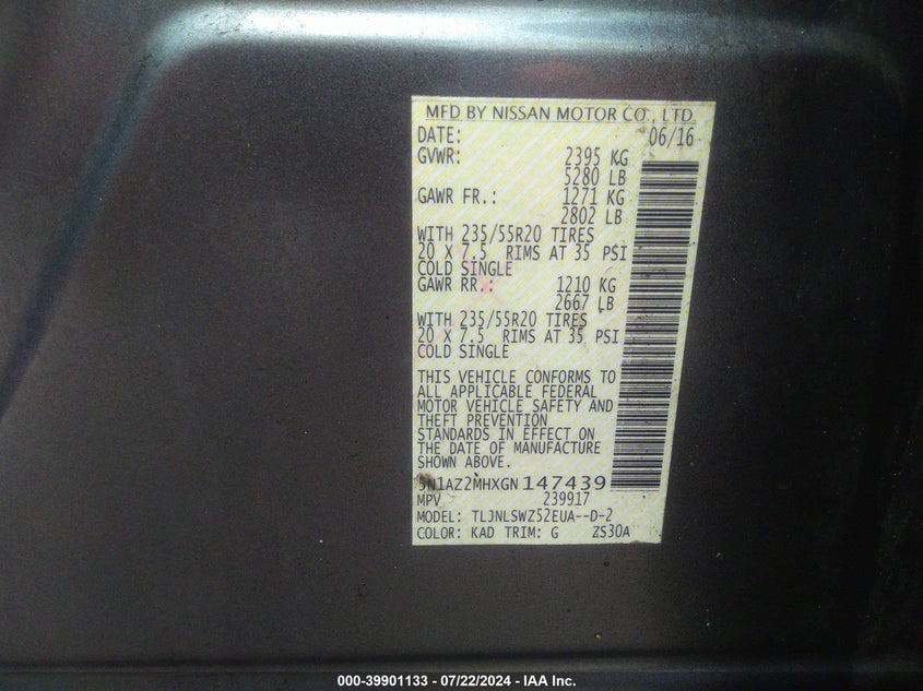 2016 Nissan Murano Platinum VIN: 5N1AZ2MHXGN147439 Lot: 39901133