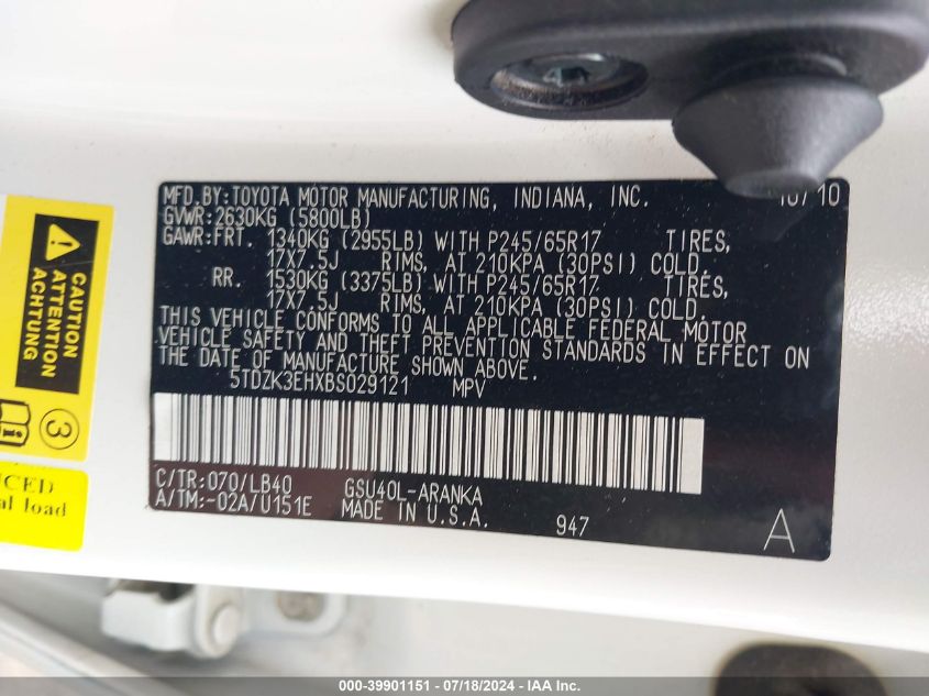 2011 Toyota Highlander Se V6 VIN: 5TDZK3EHXBS029121 Lot: 39901151