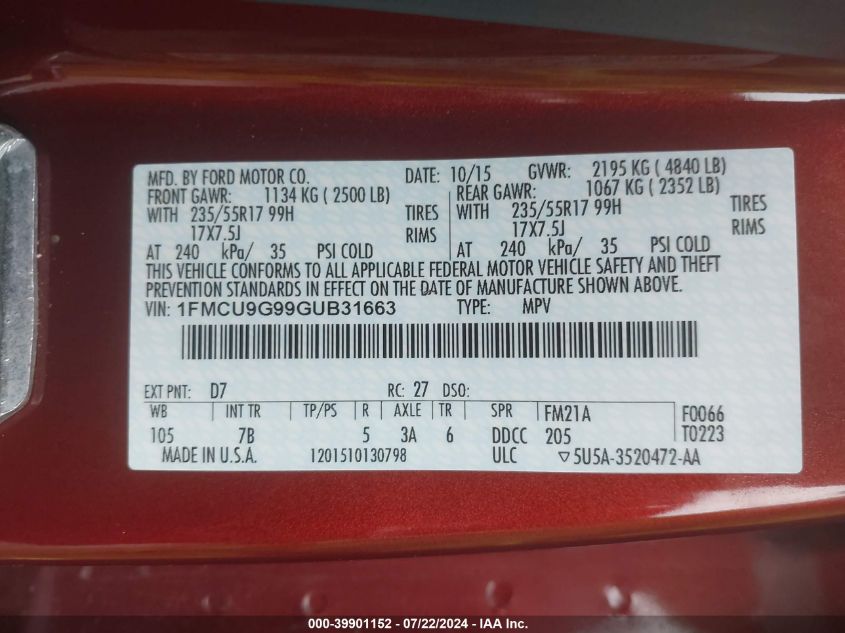 2016 Ford Escape Se VIN: 1FMCU9G99GUB31663 Lot: 39901152