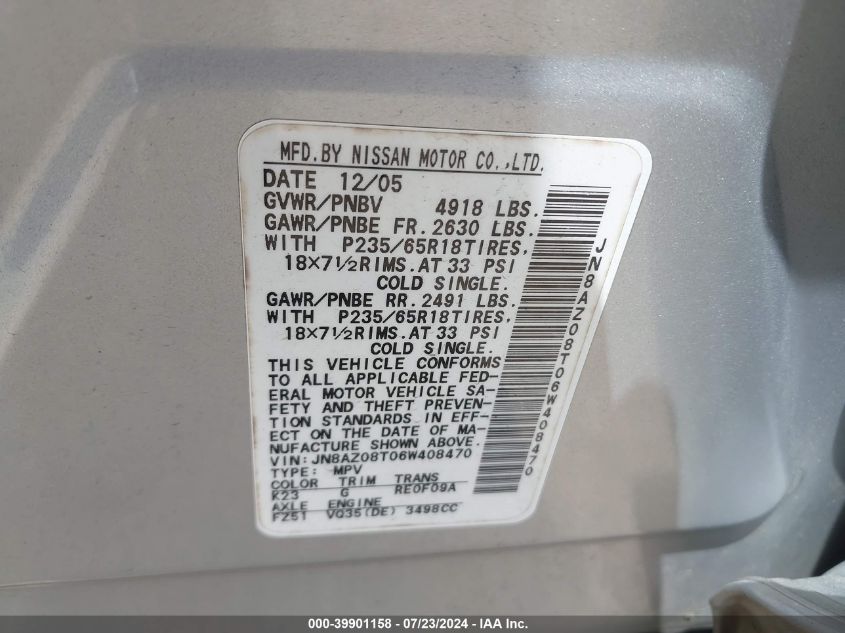2006 Nissan Murano Sl/Se/S VIN: JN8AZ08T06W408470 Lot: 39901158