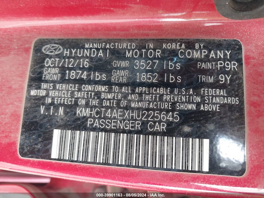 2017 Hyundai Accent Value Edition VIN: KMHCT4AEXHU225645 Lot: 39901163