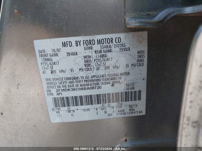 2008 Ford Edge Se VIN: 2FMDK36C08BA08720 Lot: 39901212