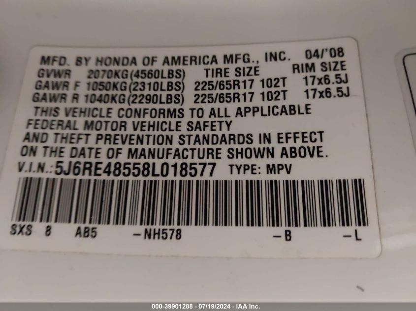 2008 Honda Cr-V Ex VIN: 5J6RE48558L015877 Lot: 39901288
