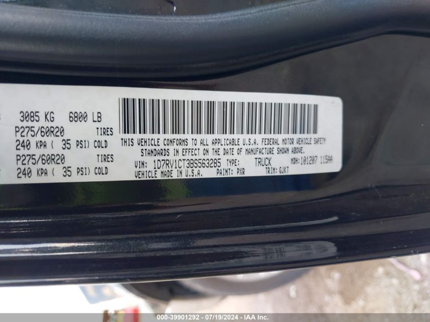 2011 Ram Ram 1500 Laramie VIN: 1D7RV1CT3BS563285 Lot: 39901292