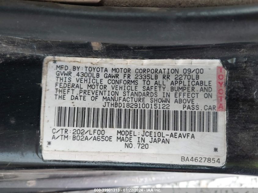 2001 Lexus Is 300 VIN: JTHBD182910015122 Lot: 39901313