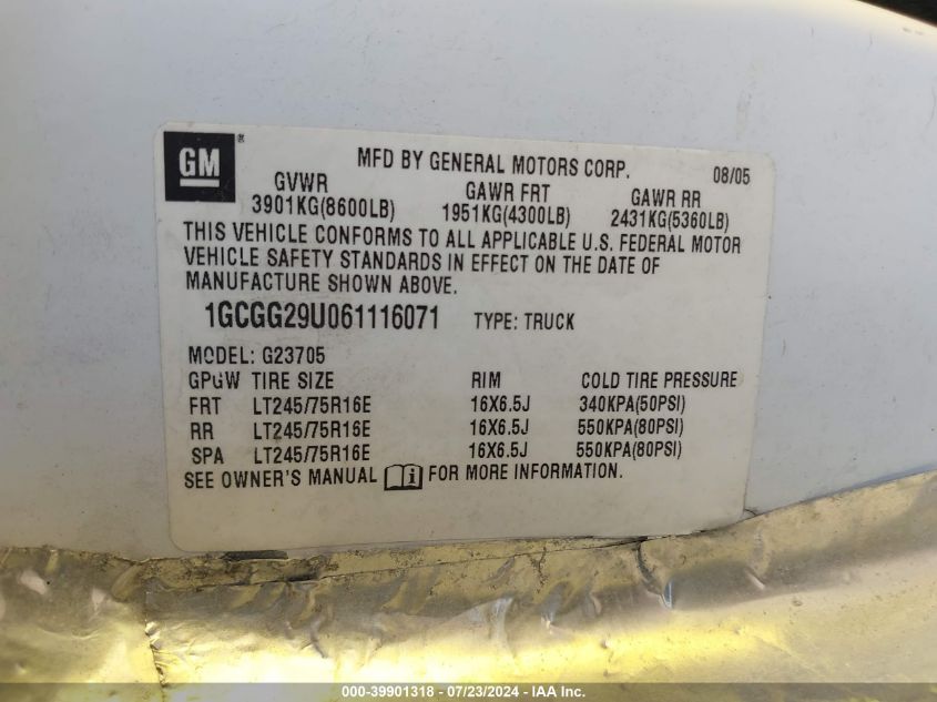 2006 Chevrolet Express Work Van VIN: 1GCGG29U061116071 Lot: 39901318