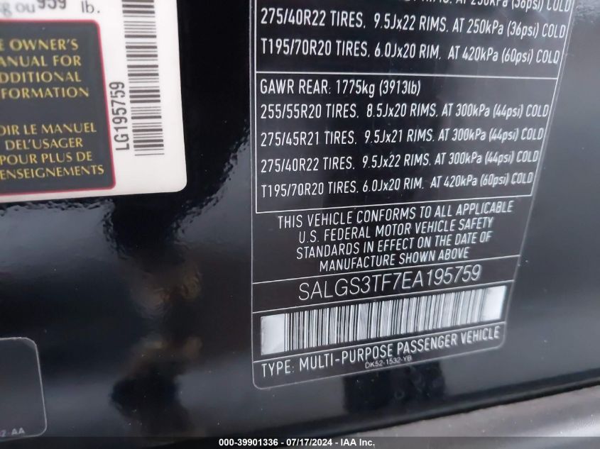 2014 Land Rover Range Rover 5.0L V8 Supercharged VIN: SALGS3TF7EA195759 Lot: 39901336