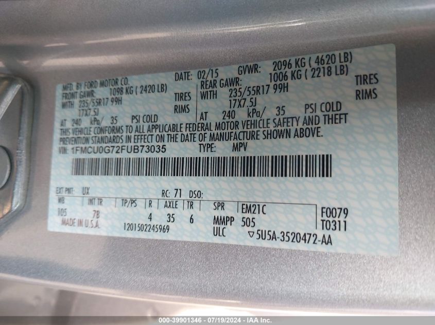 2015 Ford Escape Se VIN: 1FMCU0G72FUB73035 Lot: 39901346