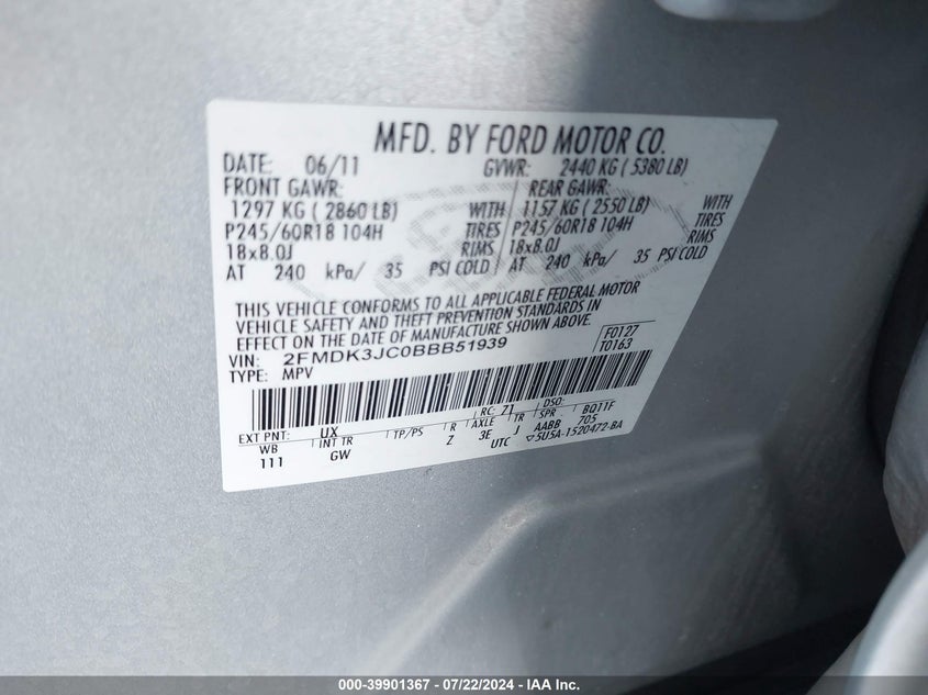 2011 Ford Edge Sel VIN: 2FMDK3JC0BBB51939 Lot: 39901367