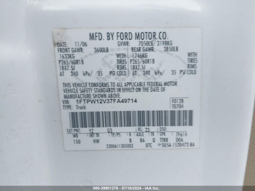 2007 Ford F-150 Lariat/Xlt VIN: 1FTPW12V37FA49714 Lot: 39901376