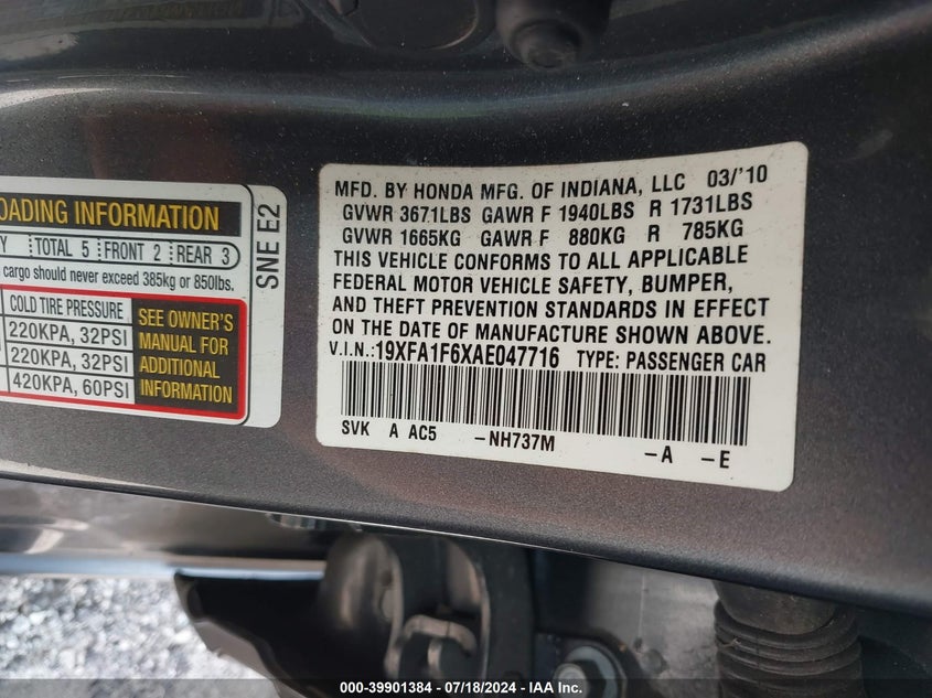 2010 Honda Civic Lx-S VIN: 19XFA1F6XAE047716 Lot: 39901384