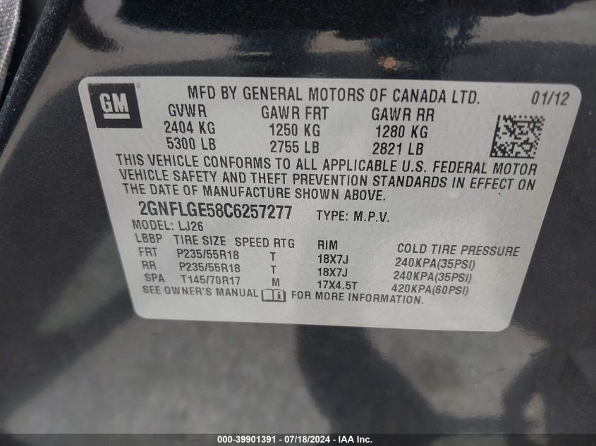 2012 Chevrolet Equinox Ltz VIN: 2GNFLGE58C6257277 Lot: 39901391