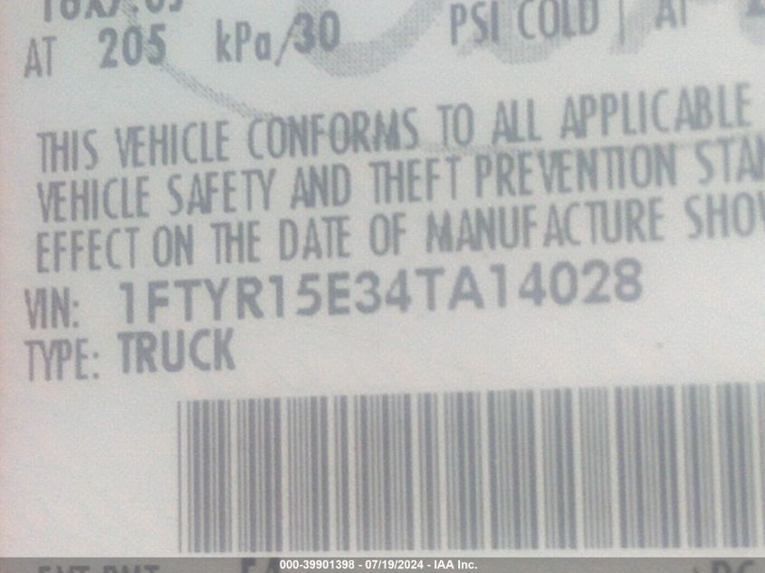 2004 Ford Ranger Xlt VIN: 1FTYR15E34TA14028 Lot: 39901398
