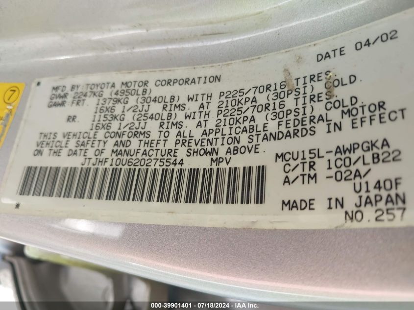 2002 Lexus Rx 300 300 VIN: JTJHF10U620275544 Lot: 39901401