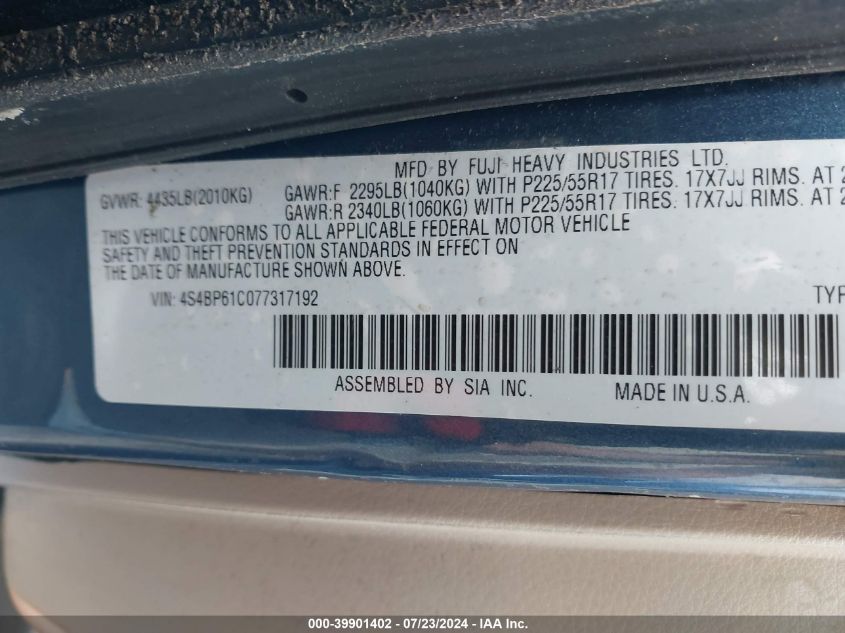 2007 Subaru Outback Outback 2.5I VIN: 4S4BP61C077317192 Lot: 39901402