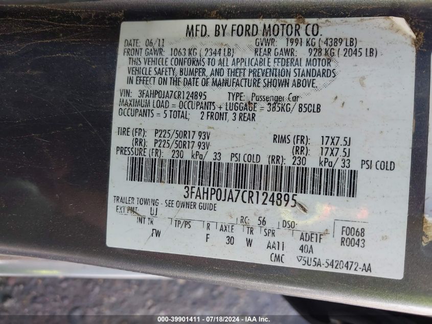 2012 Ford Fusion Sel VIN: 3FAHP0JA7CR124895 Lot: 39901411