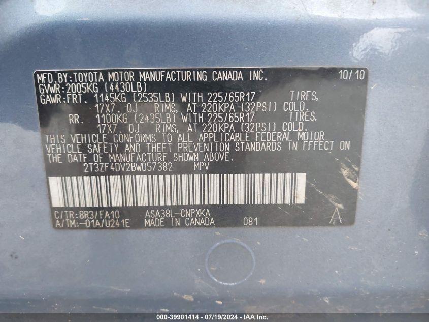 2011 Toyota Rav4 VIN: 2T3ZF4DV2BW057382 Lot: 39901414