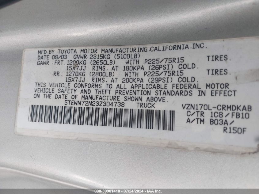2003 Toyota Tacoma Base V6 VIN: 5TEWN72N23Z304738 Lot: 39901418