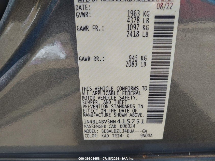 2022 Nissan Altima S VIN: 1N4BL4BV3NN415751 Lot: 39901458