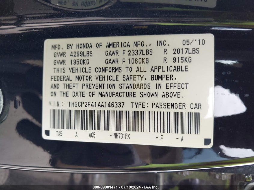 2010 Honda Accord Lxp VIN: 1HGCP2F41AA146337 Lot: 39901471