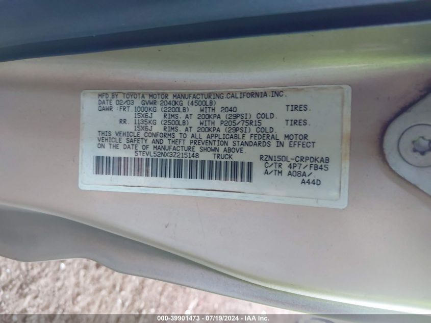2003 Toyota Tacoma VIN: 5TEVL52NX3Z215148 Lot: 39901473