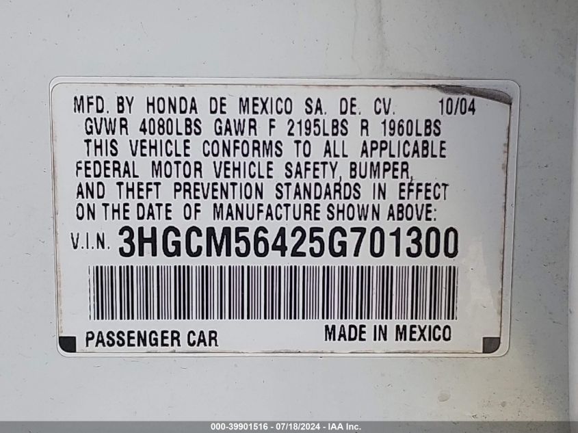 2005 Honda Accord Lx VIN: 3HGCM56425G701300 Lot: 39901516