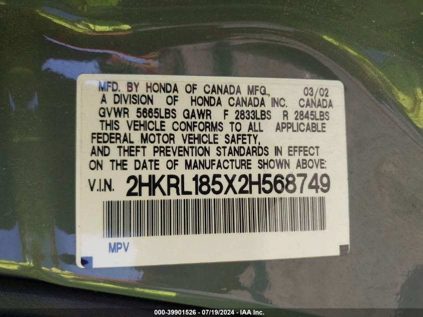 2002 Honda Odyssey Lx VIN: 2HKRL185X2H568749 Lot: 39901526