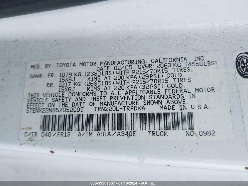 2005 Toyota Tacoma VIN: 5TENX22N85Z052005 Lot: 39901537