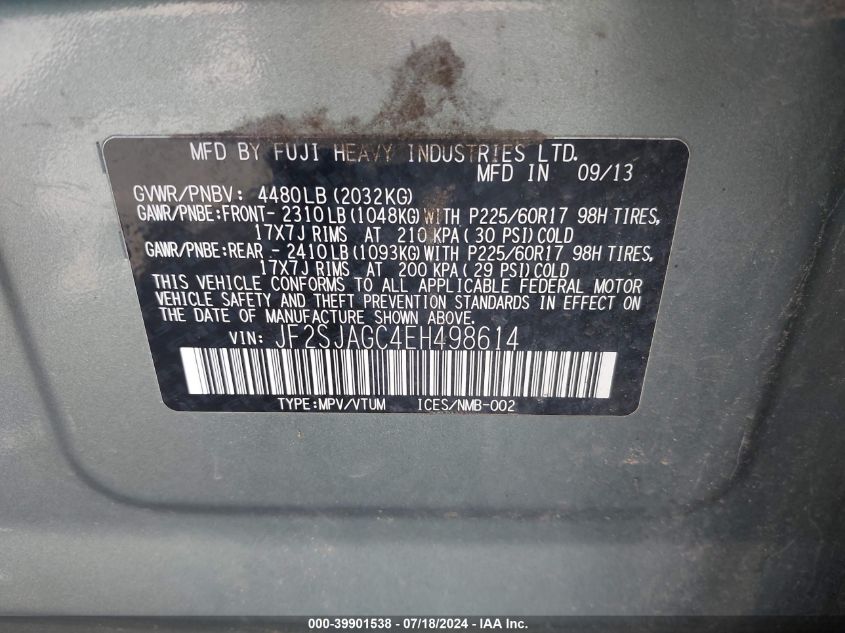 2014 Subaru Forester 2.5I Premium VIN: JF2SJAGC4EH498614 Lot: 39901538