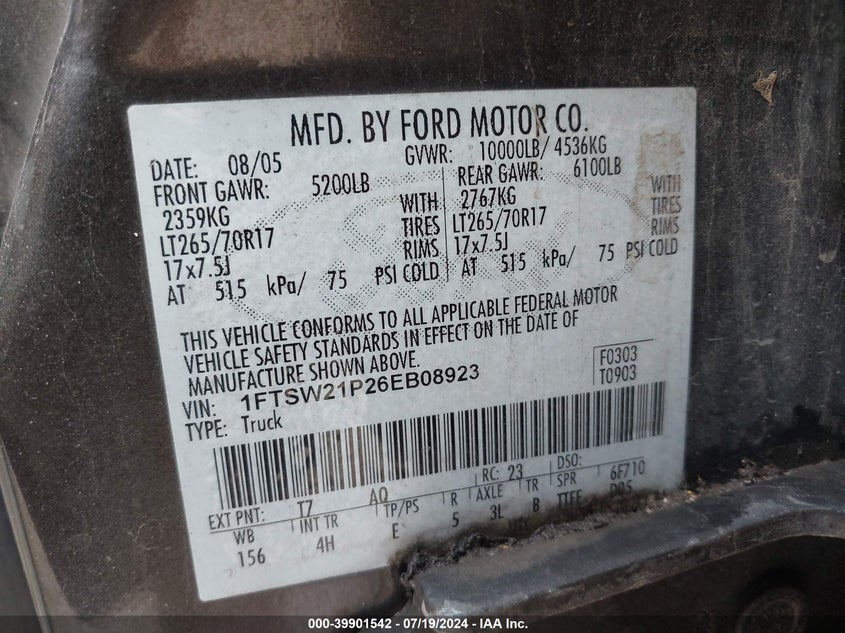 2006 Ford F250 Super Duty VIN: 1FTSW21P26EB08923 Lot: 39901542