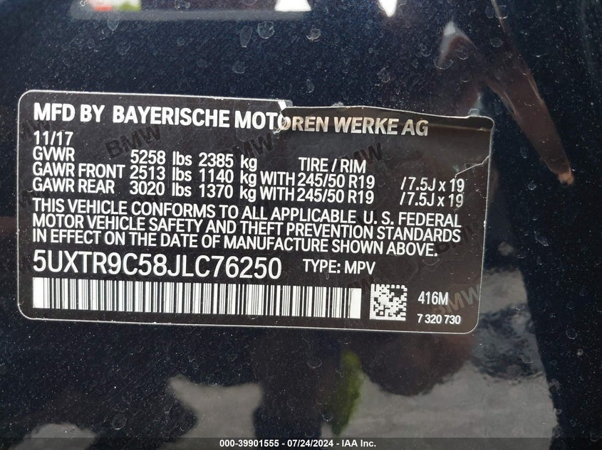 2018 BMW X3 xDrive30I VIN: 5UXTR9C58JLC76250 Lot: 39901555