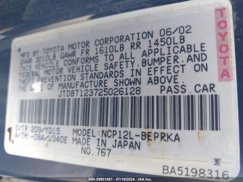 2002 Toyota Echo VIN: JTDBT123725026128 Lot: 39901561