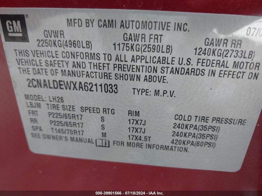 2010 Chevrolet Equinox Lt VIN: 2CNALDEWXA6211033 Lot: 39901566