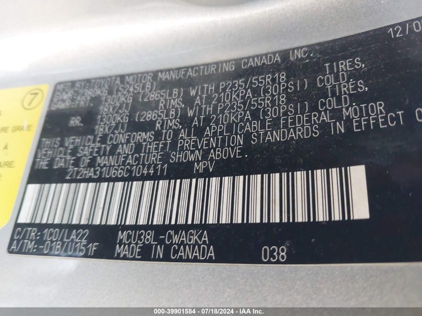 2006 Lexus Rx 330 330 VIN: 2T2HA31U66C104411 Lot: 39901584