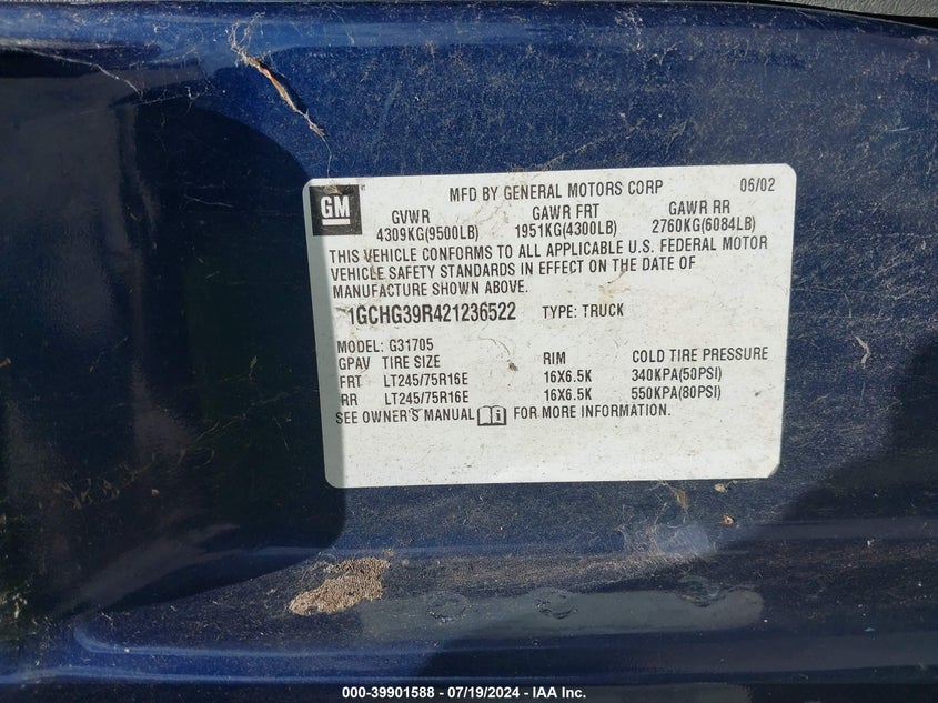 2002 Chevrolet Express VIN: 1GCHG39R421236522 Lot: 39901588