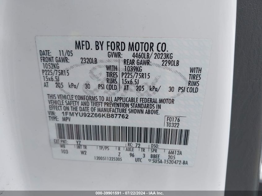 2006 Ford Escape Xls/Xls Manual VIN: 1FMYU92Z66KB87762 Lot: 39901591