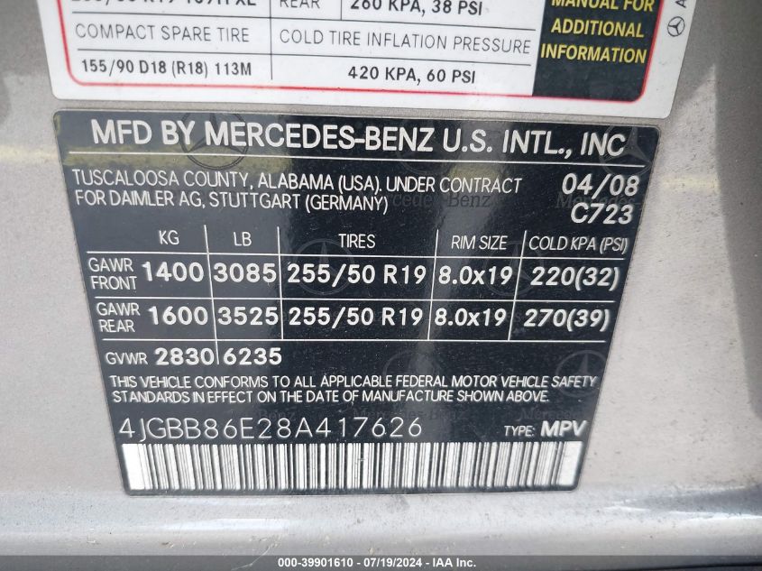 2008 Mercedes-Benz Ml 350 4Matic VIN: 4JGBB86E28A417626 Lot: 39901610