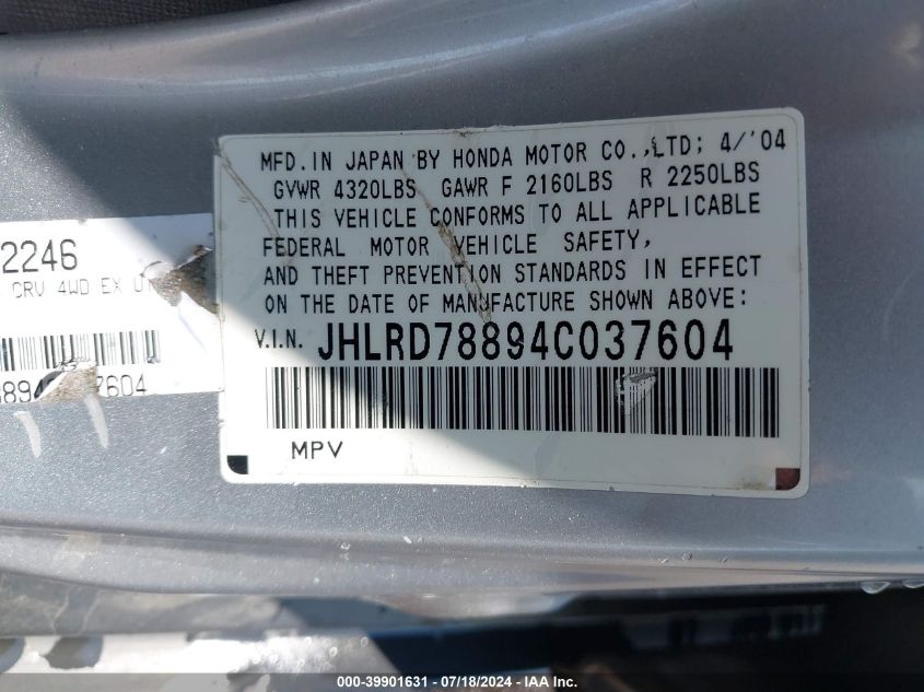 2004 Honda Cr-V Ex VIN: JHLRD78894C037604 Lot: 39901631