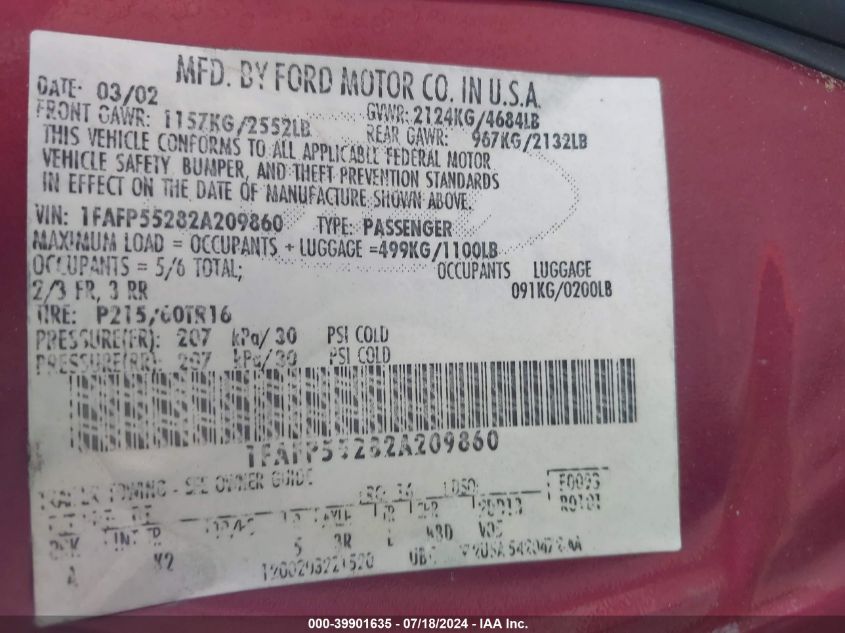 2002 Ford Taurus Ses VIN: 1FAFP55282A209860 Lot: 39901635