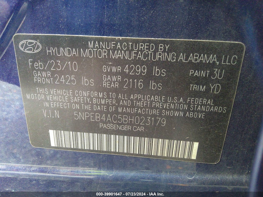 2011 Hyundai Sonata Gls VIN: 5NPEB4AC5BH023179 Lot: 39901647